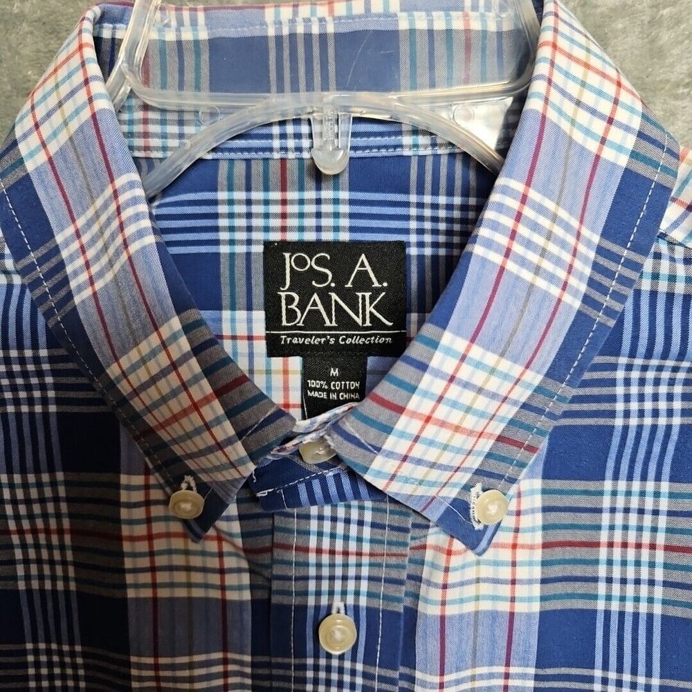 Jos a Bank Men's traveler shirt medium blue plaid cotton button down